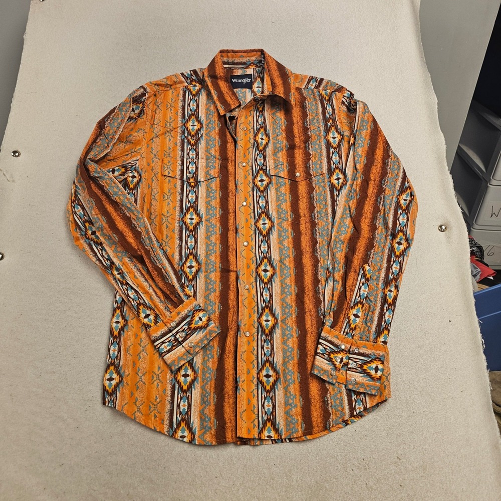 Wrangler Mens Orange Aztec Southwestern Pearl Snap Western Shirt Medium